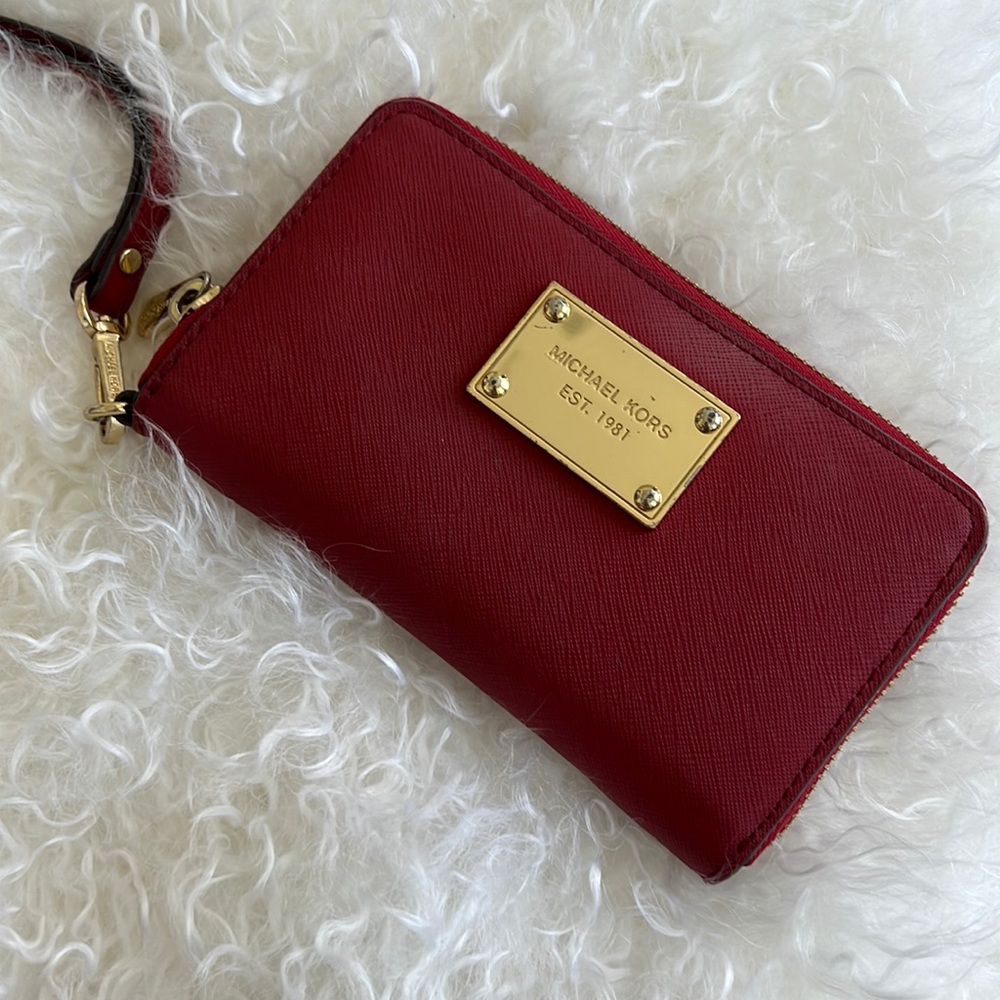 Michael Kors Red Saffiano Leather Wristlet Wallet with Gold Plaque